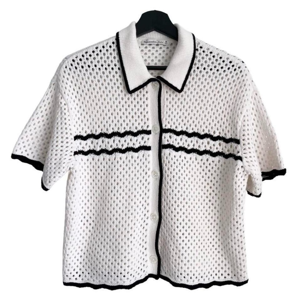 Abercrombie & Fitch White Crochet Knit Top Button Down Short Sleeves Shirt
